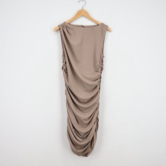 Abercrombie & Fitch Stretch Side Cinch Ruched Taupe Mini Dress Size Large Tall - Picture 2 of 7